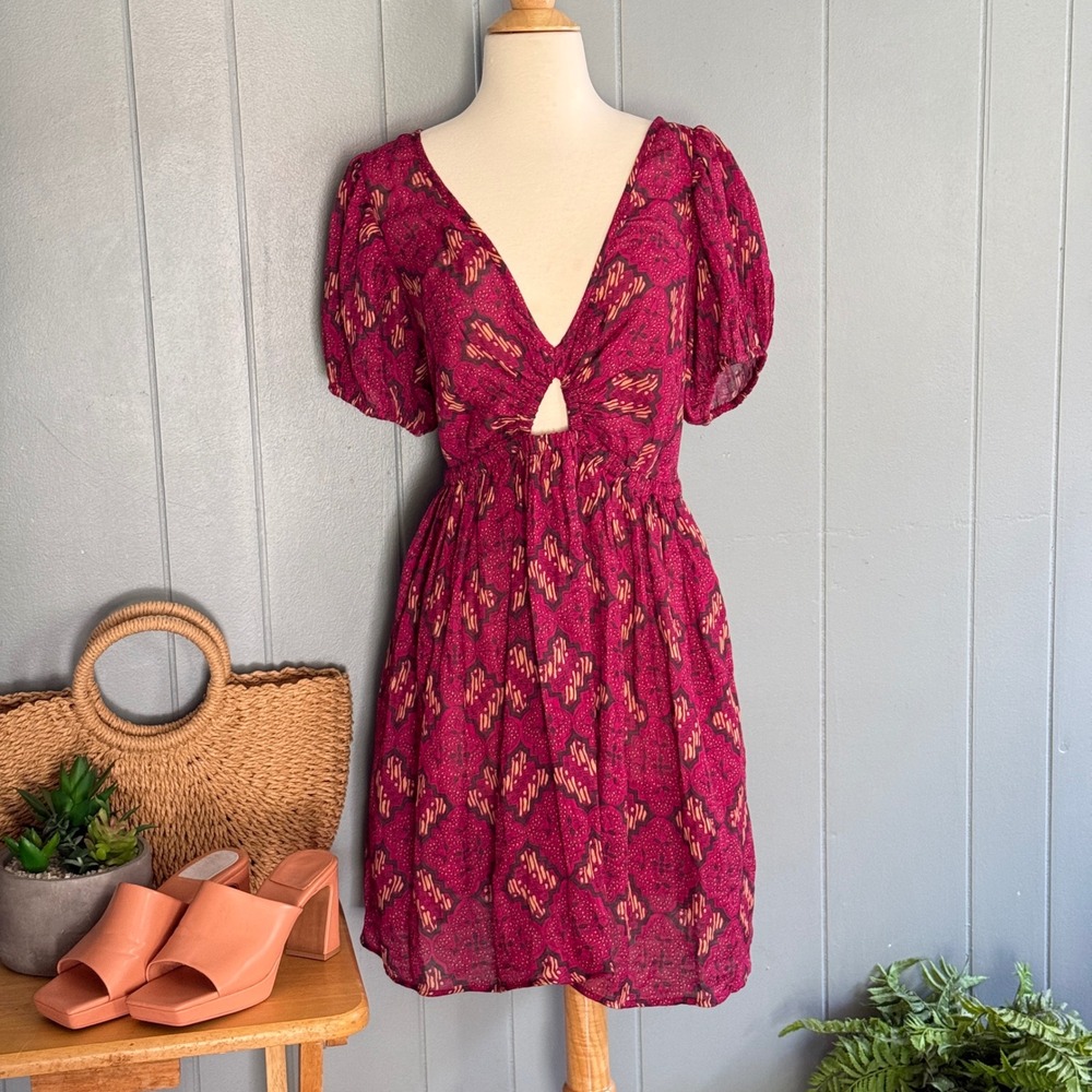 Anthropologie Magenta Patterned Puff-Sleeve Mini Dress